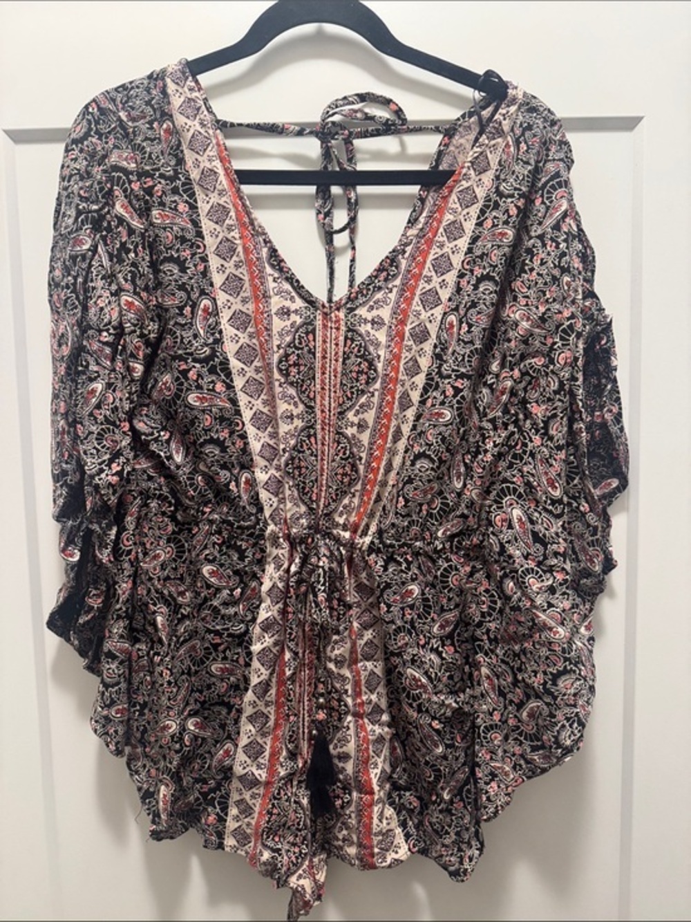 Angie Black Paisley Small V-Neck Romper with Cream & Red Trim and Cinched Waist - Picture 1 of 6